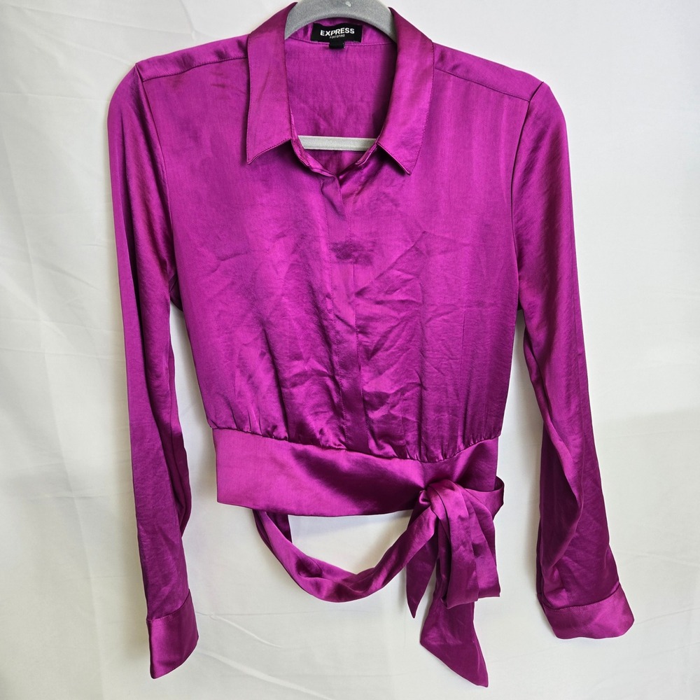 Express Satin Tie Front Banded Bottom Portofino Shirt, Cocktail Party Pink Small